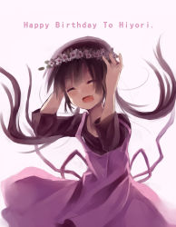 Rule 34 | 1girl, apron, asahina hiyori, character name, closed eyes, dress, fang, happy birthday, head wreath, highres, hiyori (kagerou project), kagerou days (vocaloid), kagerou project, long hair, saku qq, smile, solo, twintails, vocaloid
