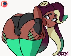 Rule 34 | 1girl, animated, animated gif, ass, bent over, black panties, blush, breasts, cameltoe, cleft of venus, closed mouth, dark-skinned female, dark skin, darkprincess04, female focus, fingerless gloves, from behind, gloves, green eyes, green hair, green thighhighs, jiggle, large breasts, long hair, looking at viewer, looking back, marina (splatoon), mole, mole under mouth, multicolored hair, nintendo, octoling, panties, presenting, purple hair, simple background, smile, solo, splatoon (series), splatoon 2, tentacle hair, thighhighs, underwear, unusual pupils, white background