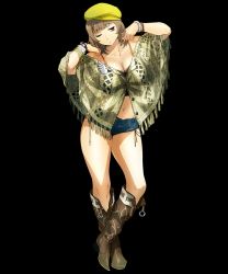 Rule 34 | 1girl, arms up, boots, bracelet, breasts, brown eyes, brown hair, cleavage, cowboy boots, fringe trim, full body, hat, jewelry, katrina company, large breasts, midriff, navel, official art, short hair, short shorts, shorts, solo, standing, super robot wars, super robot wars x-omega, tank top, transparent background, watanabe wataru (character designer)