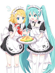 Rule 34 | 2girls, absurdres, alternate costume, apron, back bow, blonde hair, blue eyes, blue hair, bow, collar, commentary, dress, enmaided, flying sweatdrops, food, food writing, frilled collar, frilled dress, frilled socks, frills, gloves, hair ornament, hairclip, hatsune miku, highres, holding, holding plate, itogari, kagamine rin, ketchup bottle, long hair, maid, maid day, maid headdress, medium hair, multiple girls, omelet, omurice, open mouth, plate, short sleeves, smile, socks, thighhighs, twintails, very long hair, vocaloid