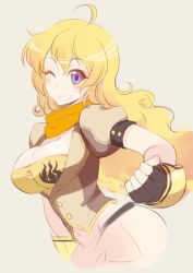 Rule 34 | 1girl, ahoge, bad id, bad pixiv id, blonde hair, breasts, cleavage, clenched hand, female focus, fingerless gloves, gauntlets, gloves, kusanagi tonbo, large breasts, long hair, looking at viewer, midriff, one eye closed, purple eyes, rwby, sketch, smile, solo, weapon, wink, yang xiao long