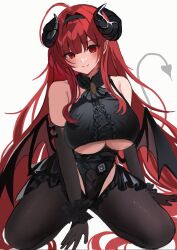 Rule 34 | 1girl, ahoge, azur lane, bare shoulders, black gloves, black headband, black horns, breasts, center cross lace, center frills, clothing cutout, covered navel, curled horns, demon girl, demon tail, demon wings, elbow gloves, frilled gloves, frills, gloves, headband, highres, hindenburg (azur lane), horns, komuer, large breasts, long hair, looking at viewer, pantyhose, pointy ears, red hair, red pupils, simple background, solo, tail, underboob, underboob cutout, very long hair, white background, wings