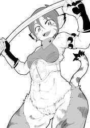 Rule 34 | 1girl, abs, animal ears, breasts, breath of fire, breath of fire ii, bustier, cat ears, cat girl, cat tail, facial mark, female focus, furry, furry female, gloves, greyscale, medium breasts, monochrome, no panties, no pants, pointy ears, rinpoo chuan, short hair, simple background, solo, sword, tail, weapon, white background, yuma ryouhei