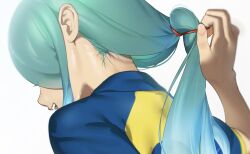 Rule 34 | 1boy, aqua hair, blurry, close-up, commentary, depth of field, dutch angle, from behind, hair focus, hand up, inazuma eleven (series), kazemaru ichirouta, long hair, male focus, omisotayan, open mouth, portrait, short sleeves, simple background, solo, sportswear, sweat, symbol-only commentary, untying hair, white background