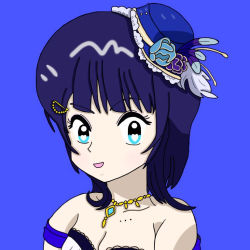 Rule 34 | 1girl, aqua flower, artist name, artist request, asaka karin, bare shoulders, black gloves, blue background, blue dress, blue eyes, blue feathers, blue flower, blue hair, blue hat, blush, bow, breasts, cleavage, collarbone, cross-laced clothes, cross-laced dress, dark blue hair, dress, elbow gloves, feather hair ornament, feathers, female focus, flower, frilled dress, frills, gloves, hair ornament, hair over shoulder, hairclip, hairpin, hat, hat flower, heart, heart-shaped pupils, jewelry, looking at viewer, love live!, love live! nijigasaki high school idol club, love live! school idol festival, medium hair, mini hat, mole, mole on body, mole on breast, navel, necklace, parted lips, plaid, plaid dress, pleated, pleated dress, purple bow, short hair, sleeveless, sleeveless dress, small breasts, smile, solo, starlight (love live!), strapless, strapless dress, symbol-shaped pupils, upper body