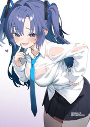 Rule 34 | 1girl, black bra, black skirt, blue archive, blue necktie, blush, bra, breasts, collared shirt, cowboy shot, dated, halo, heart, highres, large breasts, long hair, mechanical halo, mokyutan, necktie, open mouth, pleated skirt, purple eyes, purple hair, see-through, see-through shirt, shirt, skirt, smile, solo, twitter username, two side up, underwear, wet, wet clothes, wet shirt, white shirt, yuuka (blue archive)