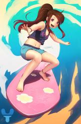 Rule 34 | 1girl, :d, anklet, barefoot, bracelet, brown hair, crop top, feet, happy, highres, idfer, jewelry, legs, long hair, midriff, navel, open mouth, original, ponytail, purple eyes, shorts, signature, smile, solo, surfboard, surfing, tank top, toes, wet