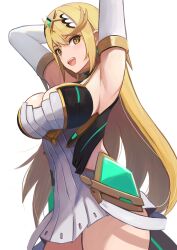 Rule 34 | 1girl, armpits, blonde hair, breasts, cleavage, cleavage cutout, clothing cutout, dress, elbow gloves, gem, gloves, headpiece, highres, labebebe lee, large breasts, long hair, looking at viewer, microdress, mythra (xenoblade), open mouth, sideboob, sleeveless, solo, strapless, strapless one-piece swimsuit, swept bangs, swimsuit, tiara, white background, xenoblade chronicles (series), xenoblade chronicles 2, yellow eyes
