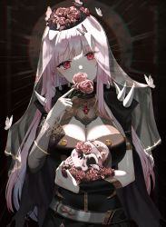 Rule 34 | 1girl, absurdres, belt, black background, black cloak, black dress, black nails, blush, breasts, bug, butterfly, center opening, cleavage, cloak, commentary, covered mouth, dress, flower, flower on head, flower over mouth, head tilt, highres, holding, holding flower, holding skull, hololive, hololive english, insect, large breasts, long hair, looking at viewer, mori calliope, nail polish, pink flower, pink hair, red eyes, see-through, see-through sleeves, simple background, single sleeve, skull, solo, spikes, straight hair, symbol-only commentary, tiara, ueng, upper body, vambraces, veil, virtual youtuber, white belt