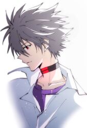 Rule 34 | 1boy, black choker, choker, closed mouth, collared shirt, facing to the side, grey hair, highres, looking at viewer, male focus, nagisa kaworu, neon genesis evangelion, official style, parody, purple shirt, red eyes, shirt, short hair, smile, solo, spiked hair, style parody, tousok, white shirt