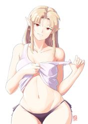 Rule 34 | 1girl, automatic giraffe, blonde hair, breasts, jewelry, long hair, looking at viewer, nintendo, pointy ears, princess zelda, red eyes, shirt, simple background, smile, solo, super smash bros., the legend of zelda, the legend of zelda: a link between worlds, underwear, white background