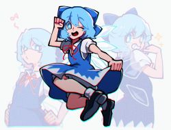 Rule 34 | 1girl, back turned, blue bow, blue dress, blue eyes, blue hair, bow, bright pupils, cirno, cirno day, clenched hand, collared shirt, dress, fairy wings, furrowed brow, hair bow, hand up, hands on own hips, highres, ice, ice wings, iganashi1, jumping, looking at viewer, looking back, musical note, neck ribbon, open mouth, pinafore dress, puffy short sleeves, puffy sleeves, red ribbon, ribbon, shirt, shoes, short dress, short hair, short sleeves, simple background, sleeveless dress, smile, socks, solo, sparkle, spoken musical note, teeth, tongue, touhou, variations, white background, white pupils, white shirt, wings