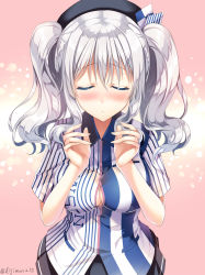 Rule 34 | 10s, 1girl, bad id, bad pixiv id, beret, blush, breasts, bursting breasts, cleavage, clerk, employee uniform, closed eyes, hat, highres, incoming kiss, kantai collection, kashima (kancolle), large breasts, lawson, long hair, shirt, short sleeves, sidelocks, silver hair, skirt, smile, solo, sousouman, twintails, uniform, valentine, wavy hair