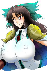 Rule 34 | 1girl, arm cannon, armor, black hair, bow, breasts, cape, covered erect nipples, hair bow, huge breasts, impossible clothes, long hair, looking at viewer, red eyes, reiuji utsuho, shoulder armor, simple background, sleeveless, smile, solo, star (symbol), tasuro kuzuha, third eye, touhou, upper body, weapon, white background