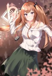 Rule 34 | 1girl, 404 logo (girls&#039; frontline), absurdres, alternate costume, bad id, bad pixiv id, blush, breasts, brown eyes, brown hair, casual, closed mouth, collarbone, dog tags, floating hair, girls&#039; frontline, green skirt, hair ornament, hairclip, hand up, highres, long hair, looking at viewer, loose clothes, mushpz, off shoulder, ribbed sweater, ribbon, scar, scar across eye, scar on face, sidelocks, signature, skirt, smile, sweater, twintails, ump9 (girls&#039; frontline), white sweater, wind
