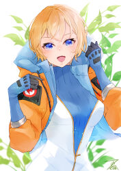 Rule 34 | 1girl, animification, anzu (x anzu ill), apex legends, blonde hair, blue eyes, blue gloves, blue sweater, blush, bodysuit, breasts, gloves, highres, hood, hood down, hooded jacket, jacket, lightning bolt symbol, looking at viewer, medium breasts, open mouth, orange jacket, plant, ribbed sweater, short hair, smile, solo, sweater, upper body, wattson (apex legends), white background, white bodysuit
