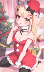Rule 34 | 1girl, :o, absurdres, animal ears, bed, between legs, black pantyhose, blonde hair, blush, box, breasts, brown eyes, cat ears, cat girl, cat tail, christmas, christmas ornaments, christmas tree, cleavage, commentary request, curtains, dress, finger to mouth, frilled dress, frills, fur-trimmed headwear, fur trim, gift, gift box, hair ornament, hairclip, hand between legs, hand up, hat, heart, heart hair ornament, highres, long hair, looking at viewer, masaki (msk064), no shoes, on floor, original, pantyhose, parted lips, pillow, red dress, red hat, santa costume, santa hat, seiza, sitting, sleeveless, sleeveless dress, small breasts, solo, strap slip, tail, tilted headwear, very long hair, x hair ornament