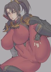 Rule 34 | 1girl, armor, bodysuit, breasts, brown eyes, brown hair, cameltoe, cleft of venus, covered erect nipples, covered navel, curvy, gloves, highres, huge breasts, japanese armor, kote, long hair, looking at viewer, mikoyan, ninja, parted lips, ponytail, red bodysuit, shoulder armor, skin tight, skull, solo, soul calibur, soulcalibur, soulcalibur vi, spread legs, suneate, sweatdrop, sword, sword behind back, taki (soulcalibur), thick thighs, thighs, unfinished, weapon