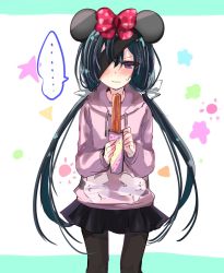 Rule 34 | ..., 1girl, blush, bow, churro, eyepatch, fate/grand order, fate (series), hair bow, highres, hood, hoodie, low twintails, mickey mouse ears, mochizuki chiyome (fate), pantyhose, purple eyes, skirt, solo, twintails
