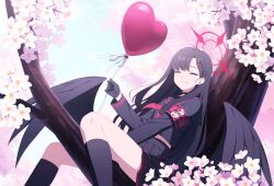 Rule 34 | 1girl, absurdres, ahoge, armband, balloon, black choker, black gloves, black hair, black sailor collar, black serafuku, black wings, blue archive, bow, branch, cherry blossoms, cherry tree, choker, closed eyes, game cg, gloves, hair behind ear, hair ornament, hairclip, halo, heart balloon, highres, ichika (blue archive), in tree, kneehighs, low wings, midriff peek, neckerchief, non-web source, official art, outdoors, parted bangs, pleated skirt, red halo, red neckerchief, safety pin, sailor collar, school uniform, serafuku, sitting, sitting in tree, skirt, socks, solo, tree, white bow, wings
