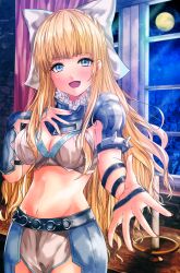 Rule 34 | 1girl, :d, blonde hair, blue eyes, bow, breasts, candle, charlotte (fire emblem), cleavage, commission, curtains, fingernails, fire emblem, fire emblem fates, full moon, fuussu (21-kazin), groin, hair bow, hand on own chest, hand up, long hair, looking at viewer, medium bangs, medium breasts, moon, navel, nintendo, open mouth, outstretched arm, skeb commission, smile, solo, spikes, very long hair, white bow, window