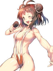 Rule 34 | 10s, 1girl, antenna hair, bad id, bad pixiv id, blush, breasts, brown hair, covered erect nipples, double bun, hair bun, highres, kantai collection, looking at viewer, microphone, naka (kancolle), navel, one eye closed, open mouth, redcomet, simple background, slingshot swimsuit, smile, solo, swimsuit