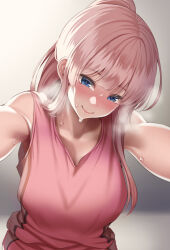 Rule 34 | 1girl, blue eyes, blush, breasts, closed mouth, heavy breathing, huyumitsu, large breasts, long hair, looking at viewer, naughty face, original, outstretched arms, pink hair, pink shirt, ponytail, shirt, sleeveless, sleeveless shirt, smile, solo, sweat, upper body