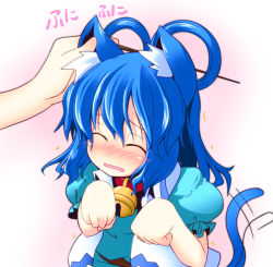 Rule 34 | 1girl, animal ears, bell, blue dress, blue hair, blush, cat ears, cat girl, cat tail, closed eyes, collar, doraemon, dress, grabbing another&#039;s ear, female focus, gradient background, hair ornament, hair rings, hair stick, hand on another&#039;s ear, ichimi, kaku seiga, kemonomimi mode, neck bell, open mouth, paw pose, short hair, solo, tail, tail wagging, touhou, upper body, wavy mouth, white background