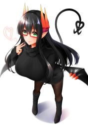 Rule 34 | 1girl, black footwear, black hair, black pantyhose, black sweater, blush, boots, breasts, closed mouth, demon girl, demon tail, demon wings, dress, full body, green eyes, heart, highres, horns, kitagawa onitarou, knee boots, large breasts, leaning forward, long hair, looking at viewer, original, pantyhose, pointy ears, ribbed sweater, shadow, sidelocks, simple background, smile, solo, sweater, sweater dress, tail, turtleneck, turtleneck sweater, v, white background, wings