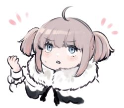 Rule 34 | 1boy, ahoge, alternate hairstyle, black cape, black trim, blonde hair, blue eyes, cape, chibi, commentary request, fate/grand order, fate (series), frilled sleeves, frills, fur-trimmed cape, fur trim, furrowed brow, hairband, hand up, light blush, male focus, medium hair, multicolored cape, multicolored clothes, notice lines, oberon (fate), parted lips, ponytail, sausu hitori, short ponytail, sidelocks, solo, sweatdrop, tagme, triangle mouth, upper body, white background, white cape