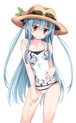Rule 34 | 1girl, alternate hairstyle, alternate headwear, bare arms, bare legs, bare shoulders, bikini, bikini bottom only, blue hair, blush, collarbone, dress shirt, food, fruit, hat, highres, hinanawi tenshi, long hair, looking at viewer, maturiuta sorato, md5 mismatch, panties, peach, red eyes, resized, shirt, simple background, sleeveless, smile, solo, straw hat, sunglasses, swimsuit, tank top, tankini, touhou, twintails, underwear, white background