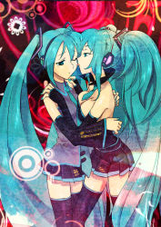 Rule 34 | 2girls, aqua nails, asymmetrical docking, breast envy, breast press, breasts, cleavage, detached sleeves, dual persona, elbow gloves, fingerless gloves, gloves, hatsune miku, large breasts, licking, long hair, looking at breasts, meso3, multiple girls, nail polish, selfcest, small breasts, symmetrical docking, tears, thighhighs, twintails, very long hair, vocaloid, yuri, zettai ryouiki