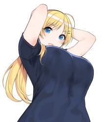 Rule 34 | 1girl, ahoge, arms behind head, arms up, black shirt, blonde hair, blue eyes, blush, breasts, commentary request, from below, hachimiya meguru, hair ornament, hairclip, idolmaster, idolmaster shiny colors, large breasts, long hair, looking at viewer, looking down, open mouth, shirt, short sleeves, simple background, smile, solo, sunaba suzume, sweat, upper body, white background