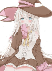 Rule 34 | 1girl, bare shoulders, blue eyes, blush, bow, bowtie, braid, brown coat, brown hat, brown skirt, buttons, center frills, coat, collared shirt, commentary, covering own mouth, cowboy shot, elaina (majo no tabitabi), frilled skirt, frills, hat, hat ribbon, highres, hiro (hirohiro31), long hair, majo no tabitabi, off shoulder, pink ribbon, pleated skirt, ribbon, shirt, side braid, simple background, sitting, skirt, sleeves past wrists, solo, white background, white hair, white shirt, witch, witch hat, yellow bow, yellow bowtie