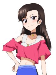 Rule 34 | 1girl, alternate costume, bare shoulders, black hair, black neckwear, blush, breasts, brown eyes, choker, cleavage, closed mouth, collarbone, girls und panzer, kayabakoro, long hair, looking at viewer, midriff, navel, nishi kinuyo, pink shirt, shiny skin, shirt, simple background, small breasts, smile, solo, undershirt, upper body, white background