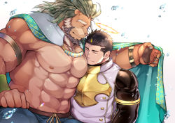 Rule 34 | 2boys, abs, animal hands, armband, arsalan (housamo), bara, beard, belt, biceps, black hair, bodysuit, bracelet, brown fur, cape, chest armor, chest plate, closed eyes, couple, face to pecs, facial hair, fire, furry, furry male, furry with non-furry, green hair, halo, hand on own thigh, hug, interspecies, jewelry, large pectorals, lion boy, long sleeves, male focus, manly, mature male, multiple boys, muscular, muscular male, nipples, pants, pectorals, smile, solo, sparkle, spiked hair, stubble, thick arms, thick eyebrows, tight clothes, tokyo houkago summoners, topless male, wafu (youzora samo18), water, water drop, yaoi, zabaniyya (housamo)