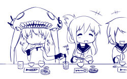 Rule 34 | 10s, 3girls, abubu, abyssal ship, bowl, cannon, cape, chewing, chopsticks, eating, fish, fish bone, food, glass, gloves, hair ornament, hairclip, headgear, ikazuchi (kancolle), inazuma (kancolle), kantai collection, monochrome, multiple girls, neckerchief, plate, prank, rice bowl, smile, soy sauce, turret, wo-class aircraft carrier