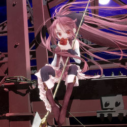 Rule 34 | 10s, 1girl, 218, apple, bare shoulders, boots, construction site, detached sleeves, eating, female focus, floating hair, food, fruit, full moon, long hair, mahou shoujo madoka magica, mahou shoujo madoka magica (anime), moon, night, outdoors, pink hair, polearm, ponytail, red eyes, sitting, sky, solo, spear, thighhighs, weapon