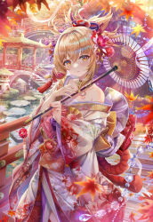 Rule 34 | 1girl, alternate costume, architecture, autumn, autumn leaves, bare shoulders, beads, blonde hair, blurry, blush, breasts, bridge, building, chest tattoo, collarbone, crystal, day, depth of field, east asian architecture, floral print, flower, flower tattoo, genshin impact, hair between eyes, hair flower, hair ornament, high ponytail, highres, japanese clothes, kanzashi, kimono, large breasts, leaf, long hair, long sleeves, looking at viewer, maple leaf, multicolored clothes, multicolored kimono, nail polish, off shoulder, oil-paper umbrella, orange nails, outdoors, parted lips, pendant choker, ponytail, print kimono, red flower, rock, rope, see-through, shimenawa, sidelocks, single bare shoulder, solo, stairs, standing, tassel, tassel hair ornament, tattoo, torino aqua, tree, umbrella, vision (genshin impact), water, wide sleeves, yellow eyes, yoimiya (genshin impact)