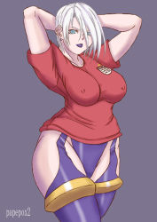 Rule 34 | 1girl, arms up, breasts, covered erect nipples, curvy, female focus, green eyes, hip focus, isabella valentine, lipstick, makeup, namco, papepox2, shirt, short hair, simple background, solo, soul calibur, thighs, white hair, wide hips