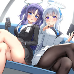 Rule 34 | 2girls, bare legs, black gloves, black jacket, black skirt, blue archive, blue eyes, blue necktie, blush, breasts, brown pantyhose, closed mouth, crossed legs, finger to mouth, gloves, halo, holding, holding phone, jacket, large breasts, long hair, long sleeves, looking at viewer, multiple girls, necktie, noa (blue archive), pantyhose, parted lips, phone, purple eyes, purple hair, shushing, sitting, skirt, smile, thighs, two side up, ushimittsu, white hair, white jacket, white skirt, yuuka (blue archive)