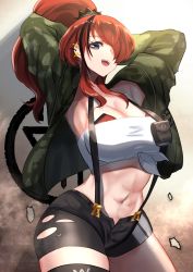 Rule 34 | 1girl, abs, amadarel, bad id, bad pixiv id, black eyes, black hair, black shorts, breasts, cleavage, hair over one eye, highres, lain paterson, lain paterson (1st costume), large breasts, looking at viewer, midriff, multicolored hair, navel, nijisanji, one eye covered, open mouth, red hair, shadow, shorts, smile, solo, strapless, streaked hair, suspenders, thighhighs, tube top, virtual youtuber, white tube top