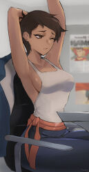 Rule 34 | 1girl, arm up, armpits, bare shoulders, black pants, breasts, brown eyes, brown hair, chair, closed mouth, collarbone, commentary, dc comics, english commentary, highres, indoors, lois lane, medium breasts, my adventures with superman, one eye closed, pants, shirt, short hair, sitting, sleeveless, sleeveless shirt, solo, superman, superman (series), tan, thighs, tommy (kingdukeee), underboob, white shirt