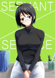 Rule 34 | 10s, 1girl, absurdres, ahoge, black hair, blush, book, breasts, cowboy shot, desk, glasses, green background, highres, large breasts, looking at viewer, morisoba no heya, on desk, pants, pen, ruler, servant x service, short hair, simple background, sitting, solo, sweater, v arms, yamagami lucy