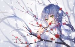 Rule 34 | 1girl, blurry, blush, depth of field, floating hair, green eyes, hair between eyes, highres, holding, long hair, long sleeves, looking at viewer, looking back, low twintails, luo tianyi, sidelocks, snowing, solo, tidsean, twintails, vocaloid, vocanese, winter