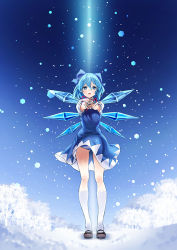 Rule 34 | 1girl, bad id, bad pixiv id, blue dress, blue eyes, blue hair, blue panties, blue skirt, bow, cirno, dress, female focus, hair bow, ice, ice wings, kneehighs, looking at viewer, mary janes, matching hair/eyes, open mouth, outstretched arms, panties, shirt, shoes, short sleeves, skirt, snow, snowing, socks, solo, striped clothes, striped panties, touhou, tree, underwear, unowen, white socks, wind, wind lift, wings