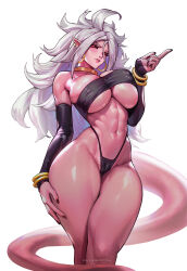 Rule 34 | 1girl, abs, android 21, artist name, bandeau, black bandeau, black nails, black panties, black sclera, bracelet, breasts, bursting breasts, cameltoe, colored sclera, colored skin, deep skin, detached sleeves, dragon ball, dragon ball fighterz, earrings, fingernails, gold bracelet, gold earrings, gold necklace, gold trim, hand on own hip, highres, huge breasts, jewelry, long hair, looking at viewer, majin (race), majin android 21, messy hair, muscular, muscular female, nail polish, navel, neck ring, necklace, panties, pink skin, red eyes, sayanestia, sidelocks, simple background, skindentation, smile, solo, stomach, tail, thick thighs, thighs, underwear, white background, white hair