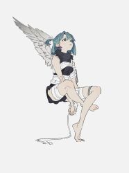 Rule 34 | 1girl, aqua eyes, aqua hair, bandaged arm, bandaged leg, bandages, bare shoulders, barefoot, black shorts, bob cut, cable, earrings, feathered wings, from side, full body, highres, invisible chair, jewelry, looking away, looking up, one side up, original, own hands together, parted lips, shorts, simple background, single wing, sitting, sleeveless, solo, turtleneck, v arms, white background, wings, yoneyama mai