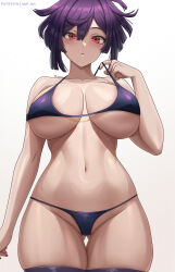 Rule 34 | 1girl, abpart, arm at side, bare shoulders, bikini, blush, breasts, cleavage, closed mouth, commentary, cowboy shot, english commentary, gluteal fold, highres, jigokuraku, large breasts, looking at viewer, navel, patreon username, purple hair, red eyes, short hair, simple background, solo, stomach, swimsuit, thighhighs, thighs, twitter username, underboob, white background, yuzuriha (jigokuraku)