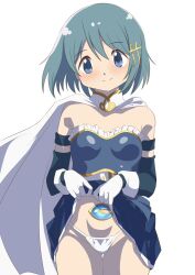 Rule 34 | 1girl, arm strap, blue eyes, blue hair, blue skirt, breasts, cape, clothes lift, commentary, corset, elbow gloves, fortissimo, gloves, hair ornament, hateri, highres, magical girl, mahou shoujo madoka magica, miki sayaka, musical note, musical note hair ornament, panties, pleated skirt, short hair, simple background, skirt, skirt lift, small breasts, smile, solo, soul gem, string panties, thighs, underwear, white background, white cape, white corset, white gloves, white panties